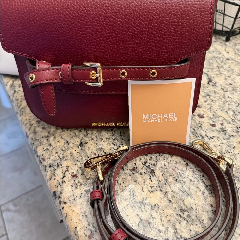 Michael Kors Emilia small saddle leather Oxblood Burgundy Crossbody Bag; New - Picture 5 of 7
